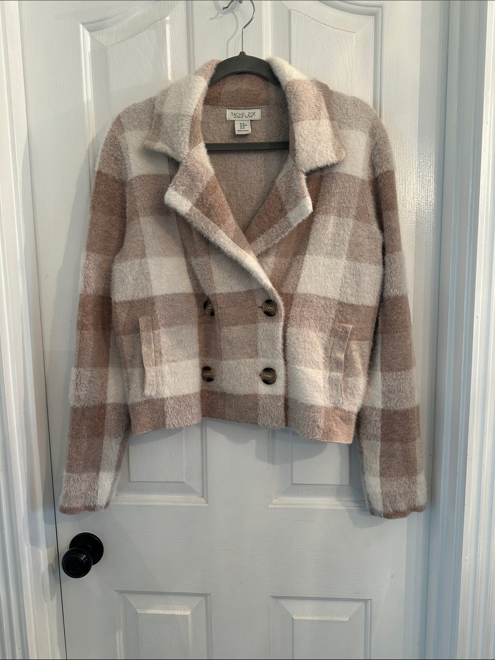 Rachel Zoe Beige and White Plaid Double-Breasted Cropped Coat
